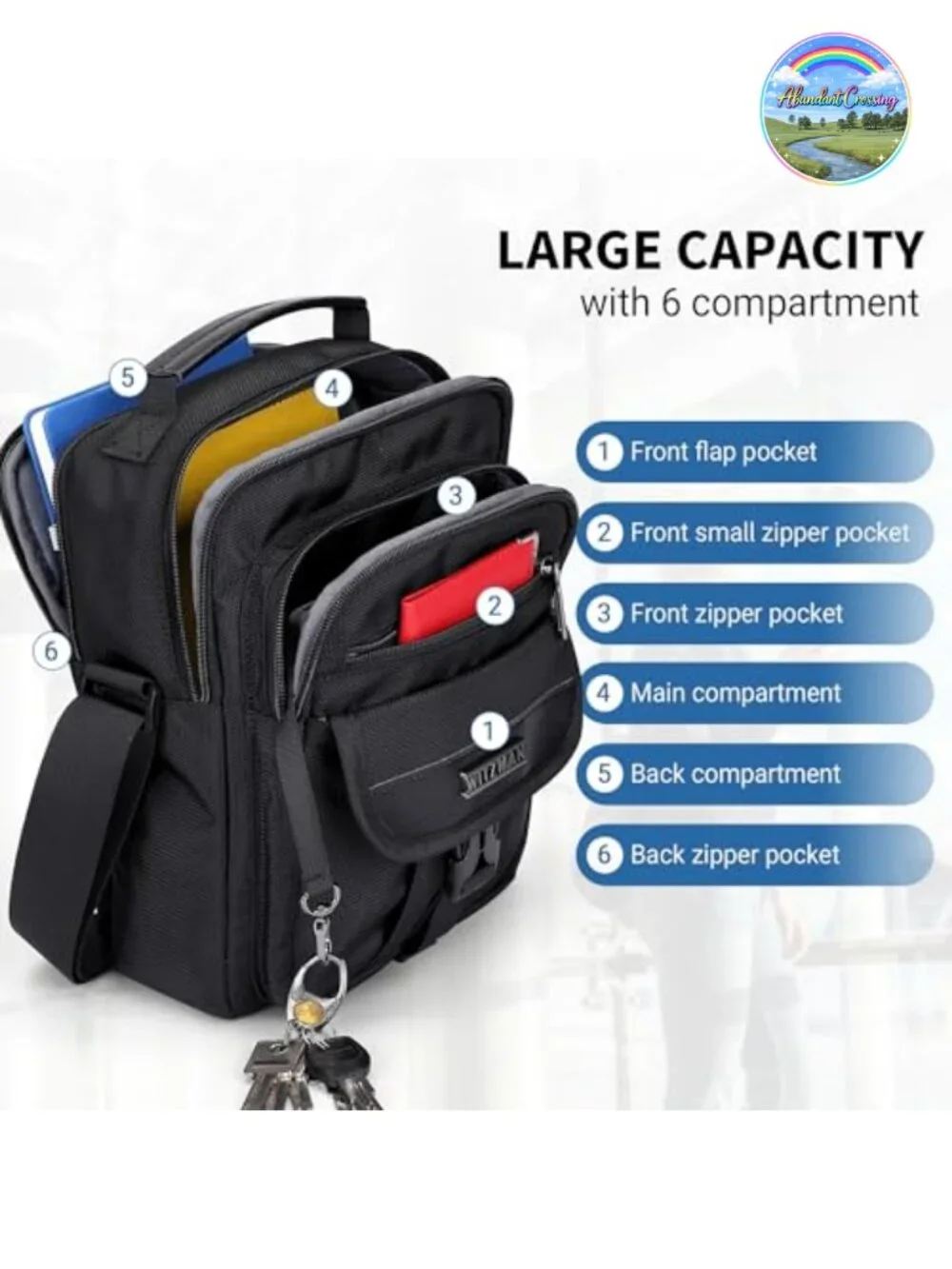 Men's Recycled Nylon Crossbody Messenger Bag with Multiple Pockets, Adjustable